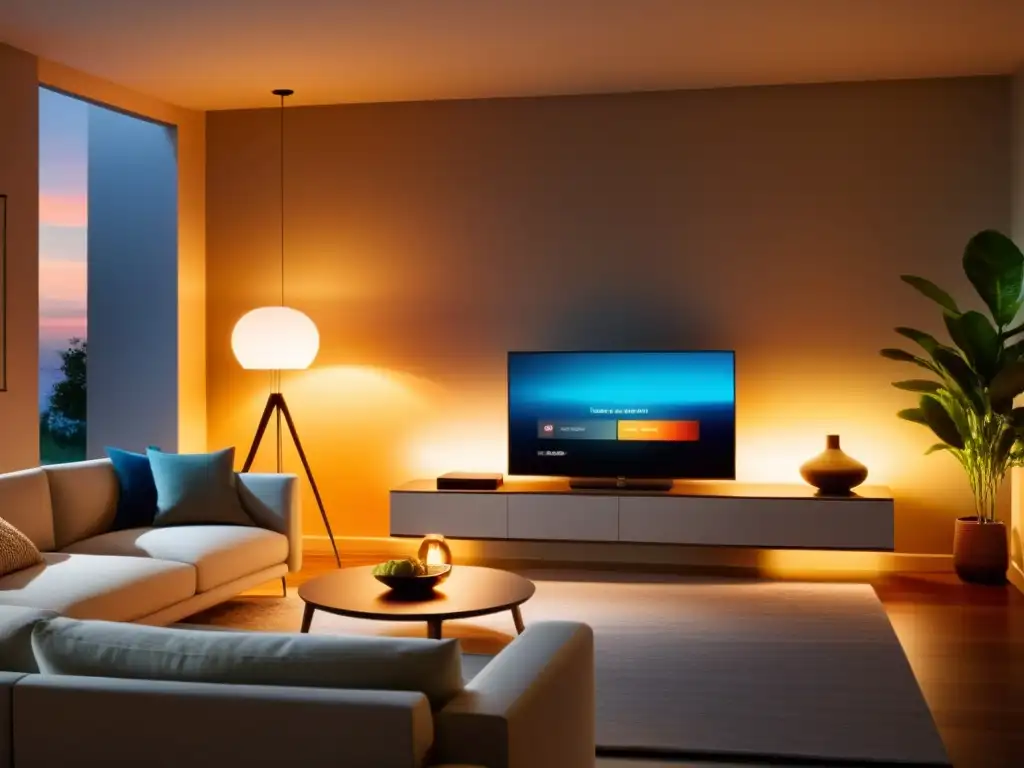 Un salón moderno con sistema iluminación inteligente Philips Hue, que crea un ambiente acogedor y elegante