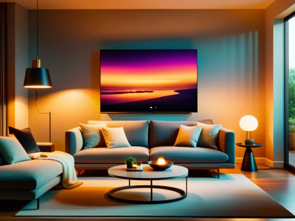 Un salón moderno con el Sistema iluminación inteligente Philips Hue, ambiente acogedor y elegante decoración