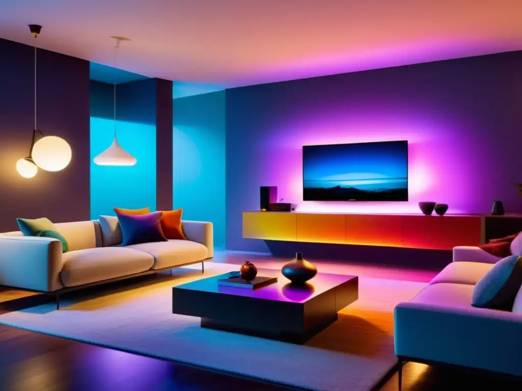 Un salón moderno con el Sistema iluminación inteligente Philips Hue, decorado con estilo y colores vibrantes