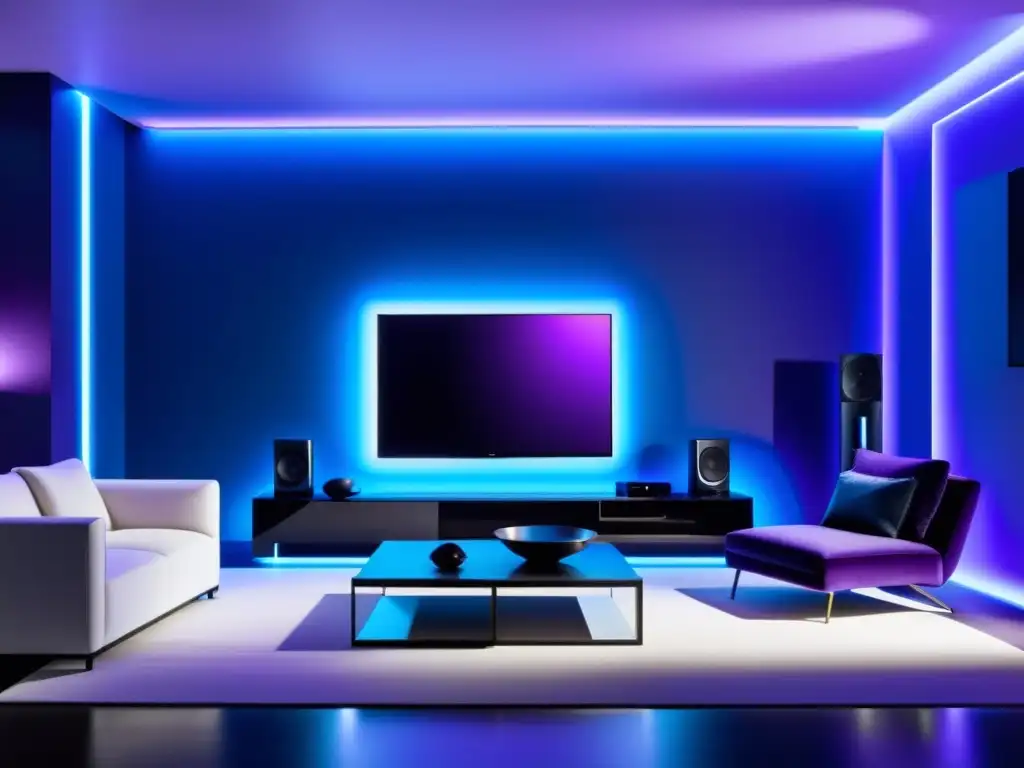 Salón moderno con sistema de sonido inteligente rodeado de luces ambientales en azul y morado