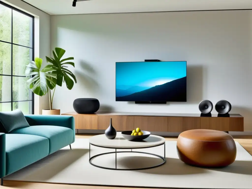 Salón moderno con Smart TV y sistema de sonido integrado, bañado en luz natural