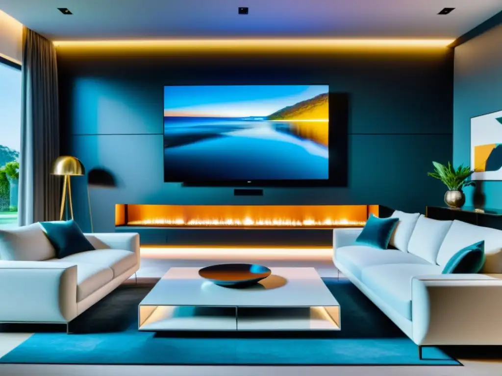 Salón moderno con sistemas multimedia entretenimiento hogar, TV 8K y ambiente acogedor futurista