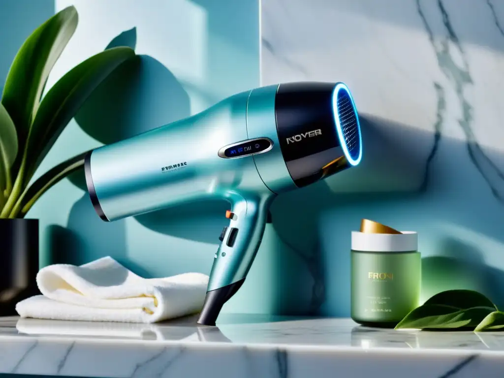 Secador de pelo con tecnología iónica en elegante ambiente de baño de lujo