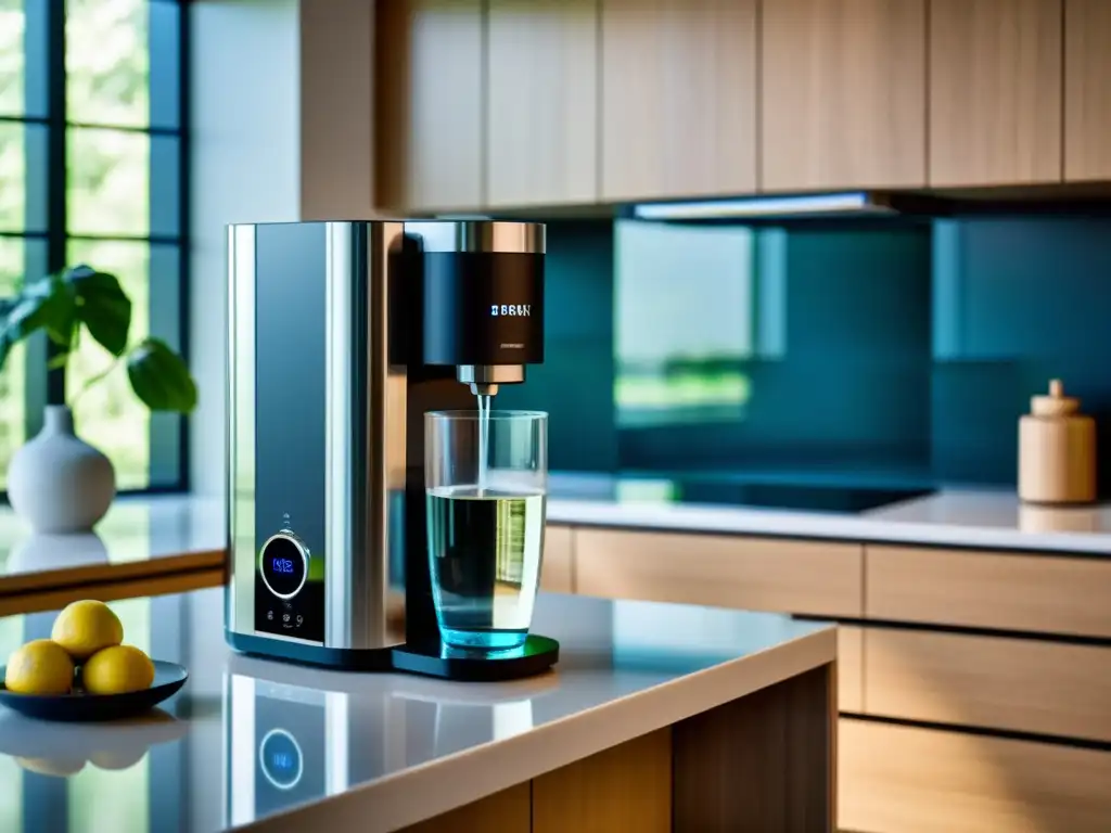 Sistema de purificación de agua de diseño moderno en elegante cocina, con iluminación ambiental suave y tecnología avanzada