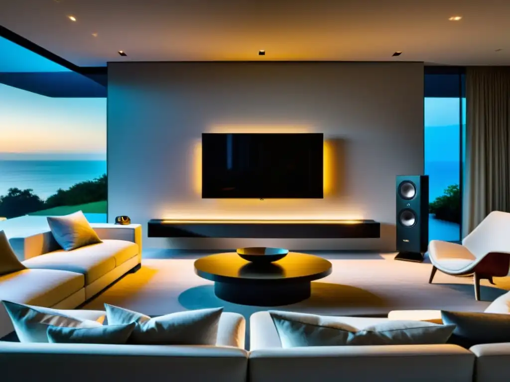 Sistema de Audio TUV para música en casa: Sala moderna con sistema de sonido integrado en decoración minimalista y ambiente elegante