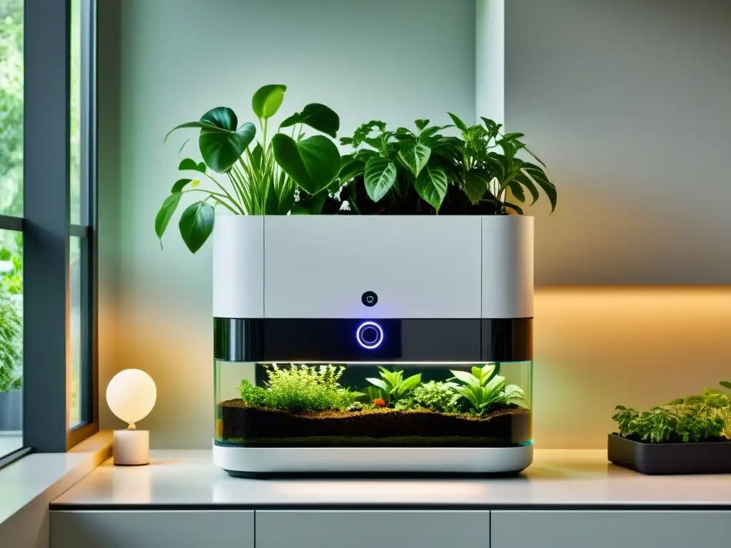 Un sistema automatizado de cuidado de plantas, integrado en un jardín interior elegante, rodeado de exuberante vegetación