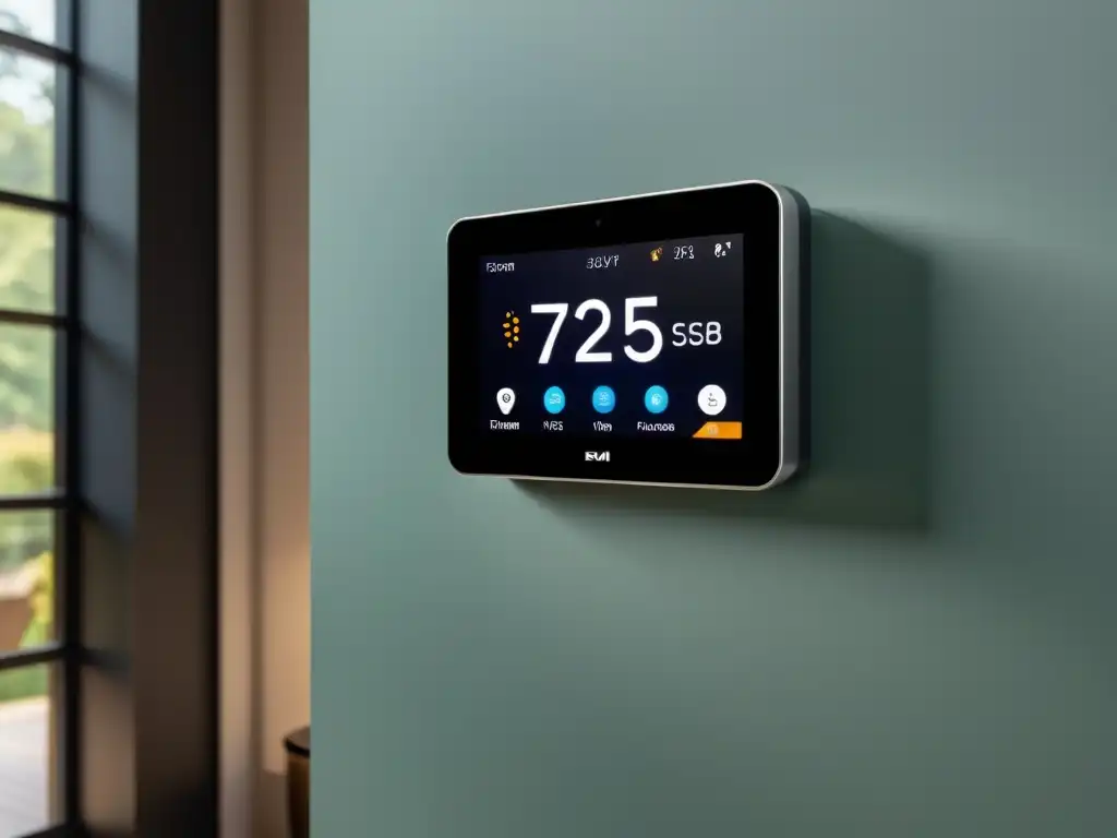 Sistema de climatización domótica personalizado con pantalla táctil, ajustes de temperatura y decoración interior minimalista