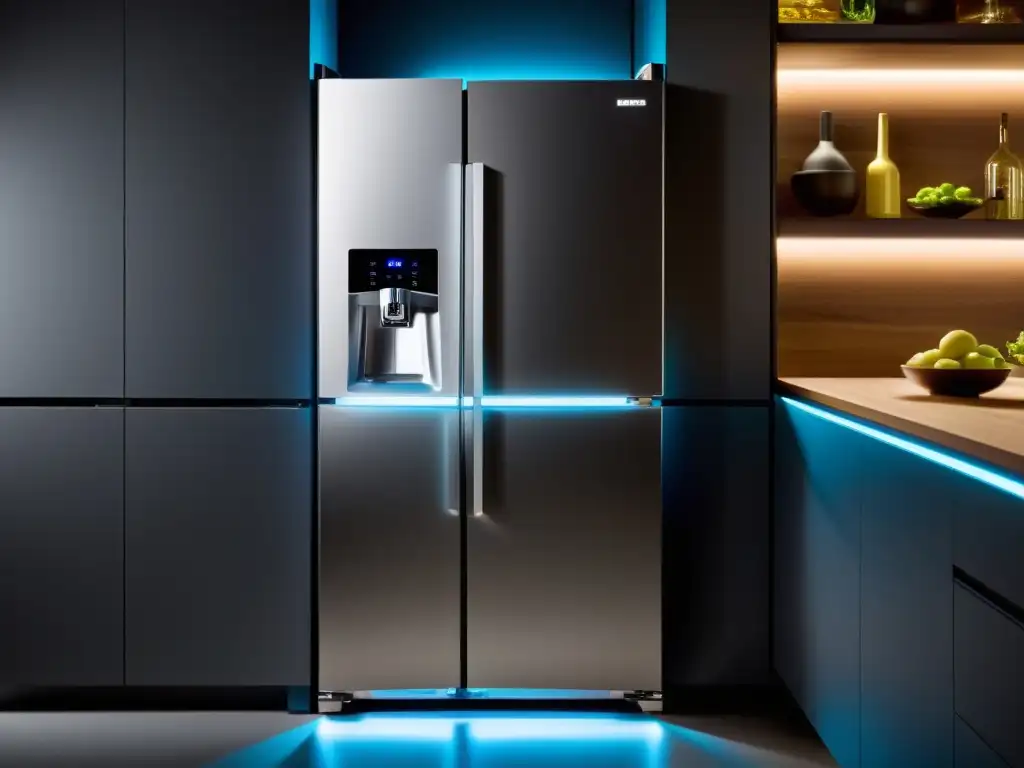 Sistema de iluminación LED en electrodoméstico, panel integrado en el interior de un refrigerador, proyecta una luz suave y uniforme sobre los estantes y alimentos, mostrando sofisticación e innovación tecnológica en la cocina contemporánea