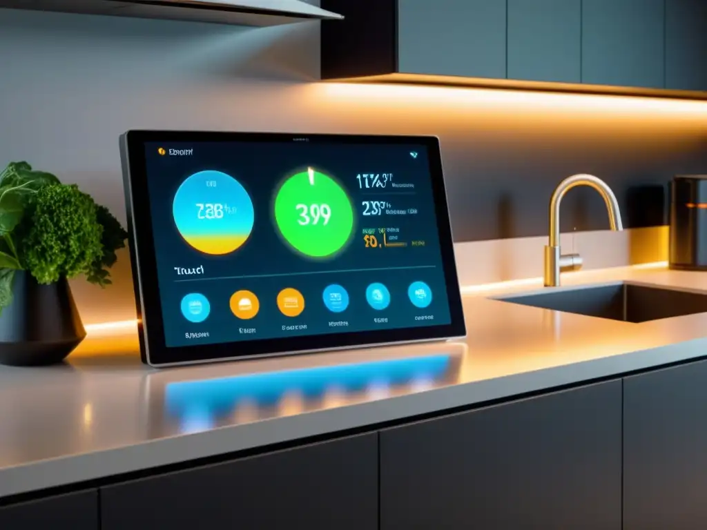 Un sistema de gestión de energía para el hogar, con tecnología eficiente energéticamente, en una cocina moderna y minimalista