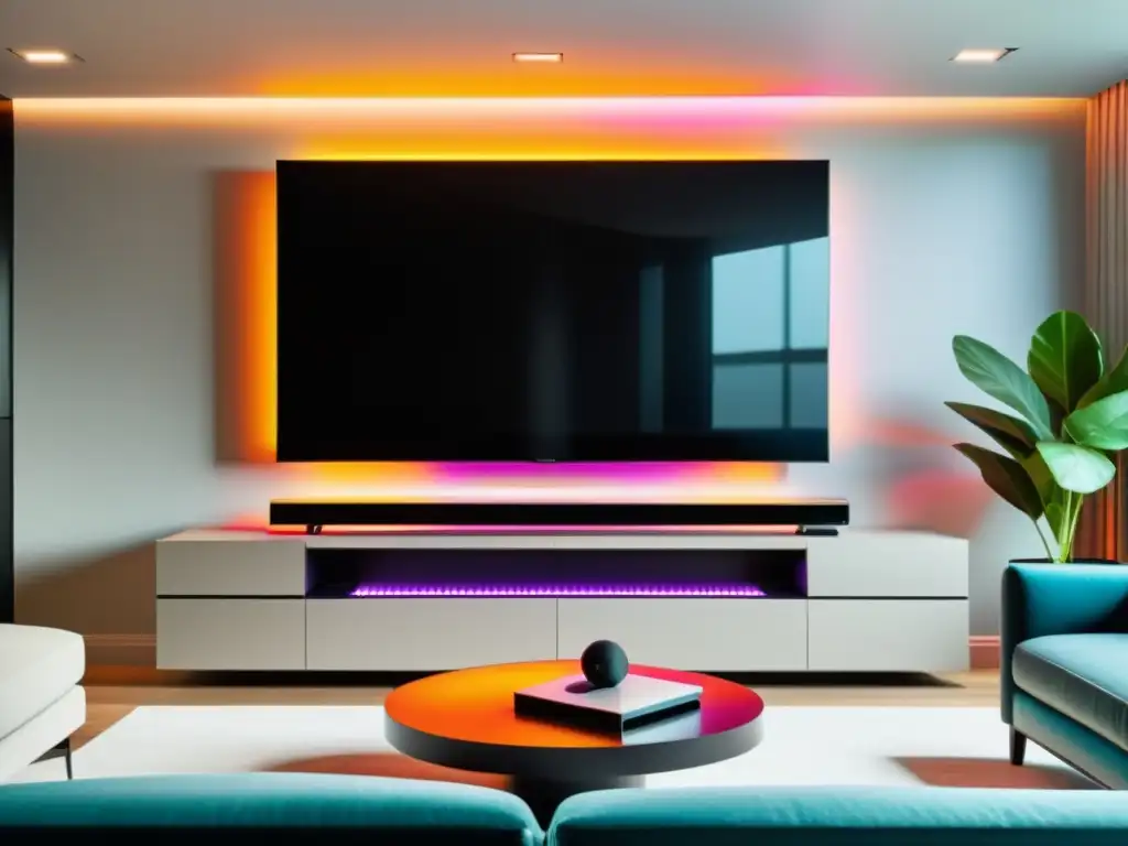 Sistema de entretenimiento en casa vanguardista con soundbar, TV OLED y altavoces minimalistas en un espacio elegante y envolvente