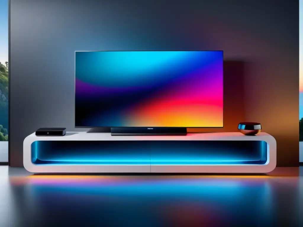 Sistema de entretenimiento doméstico vanguardista con TV OLED 8K, barra de sonido y integración smart home