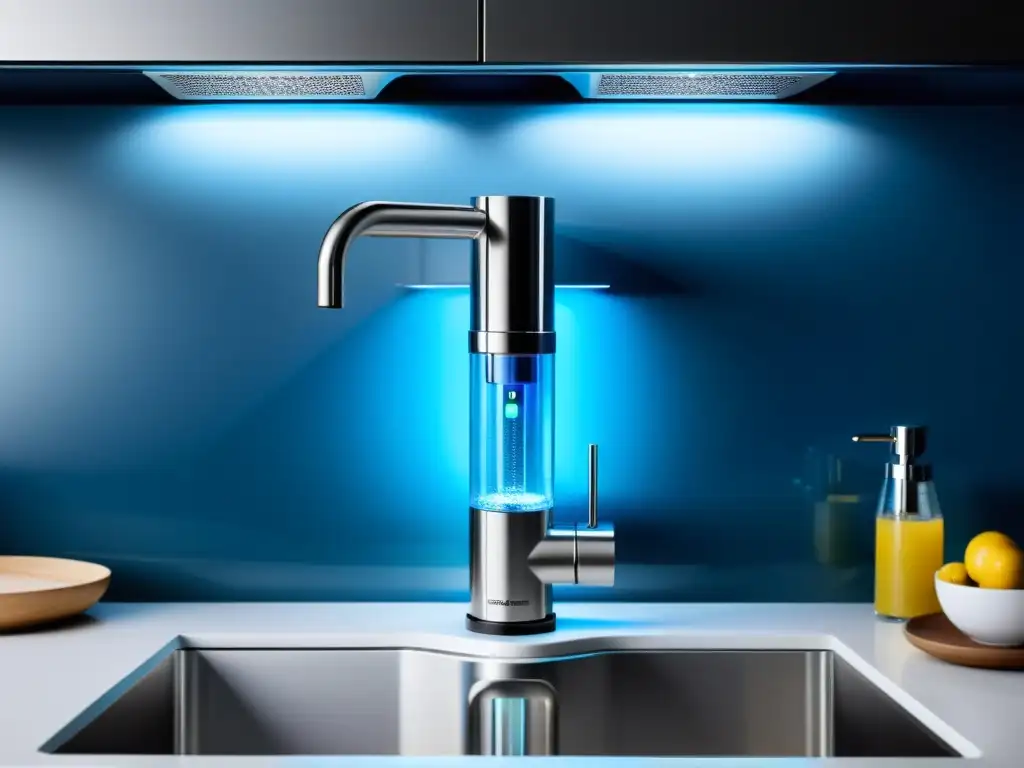 Sistema de filtración de agua avanzado con tecnología futurista en ambiente de cocina contemporánea