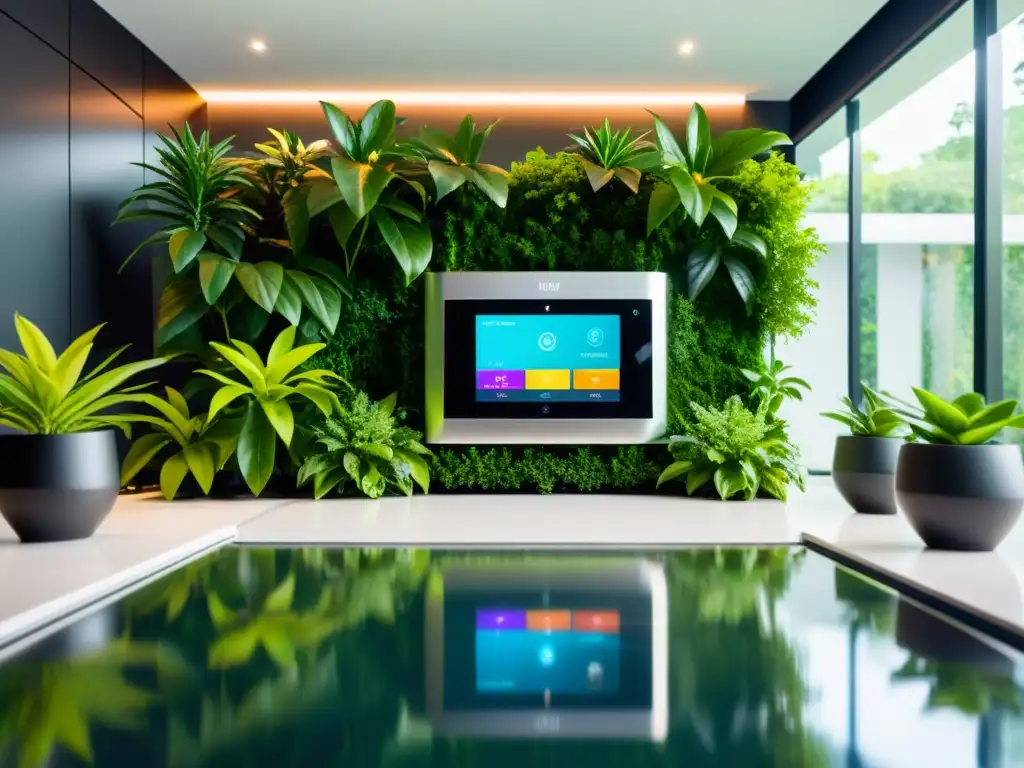 Un sistema de automatización para el hogar con tecnología para cuidar plantas automáticamente, integrado en un ambiente moderno y elegante