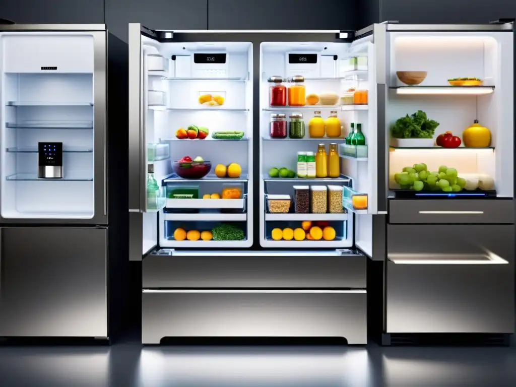 Sistema de organización inteligente para electrodomésticos en un refrigerador moderno y elegante, con iluminación suave y diseño eficiente