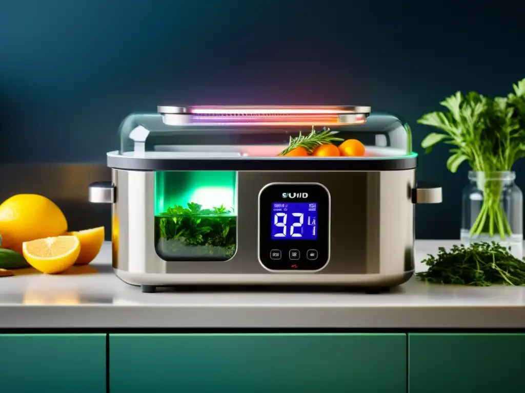 Sistema de cocción sousvide con máquina de acero inoxidable, bolsas de ingredientes y hierbas frescas en una cocina moderna y minimalista