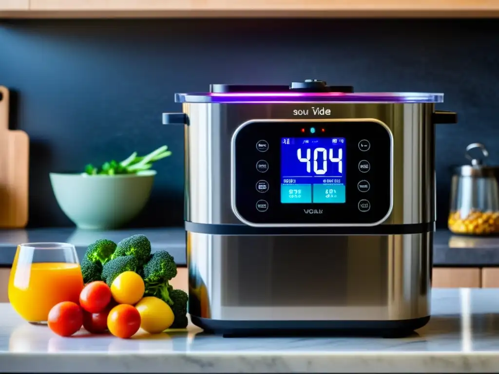 Sistema de cocción sousvide con máquina moderna y bolsas de ingredientes en una cocina elegante y luminosa, evocando maestría culinaria