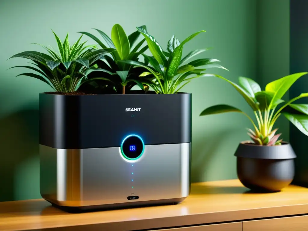 Un sistema de riego automático con tecnología para cuidar plantas automáticamente, integrado en un elegante jardín interior