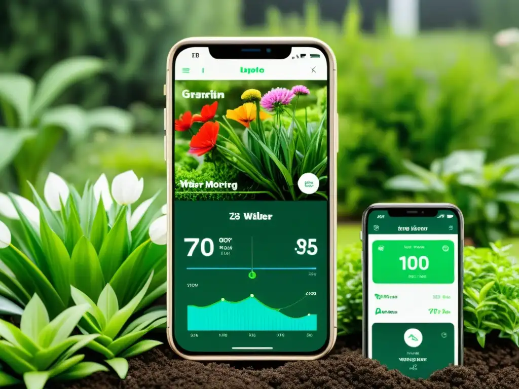 Un sistema de riego inteligente con app móvil, gráficos detallados y jardín exuberante