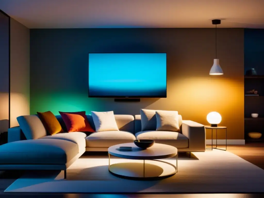 Sistema iluminación inteligente Philips Hue en salón moderno con ambiente cálido y acogedor, muebles contemporáneos y diseño minimalista