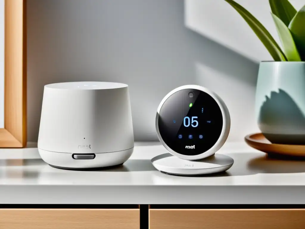 Sistema de seguridad doméstico Nest Secure con diseño moderno y minimalista en un entorno sofisticado y elegante