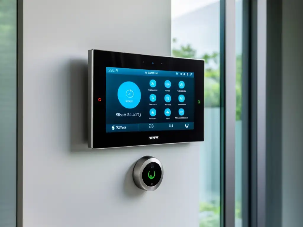 Sistema de Seguridad y Domótica de Lujo: Panel de control moderno con pantalla táctil de alta definición, diseño minimalista en metal y vidrio, integrado en un entorno doméstico de lujo