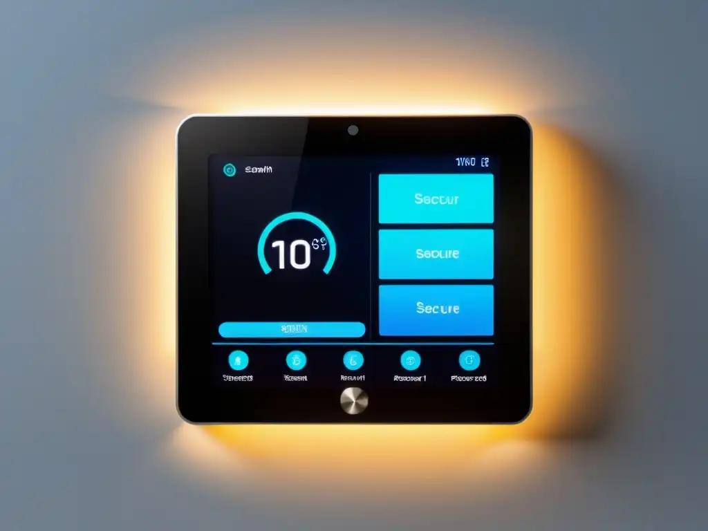 Un sistema de seguridad para hogar inteligente con panel de control futurista y claves seguras, en un ambiente minimalista y moderno