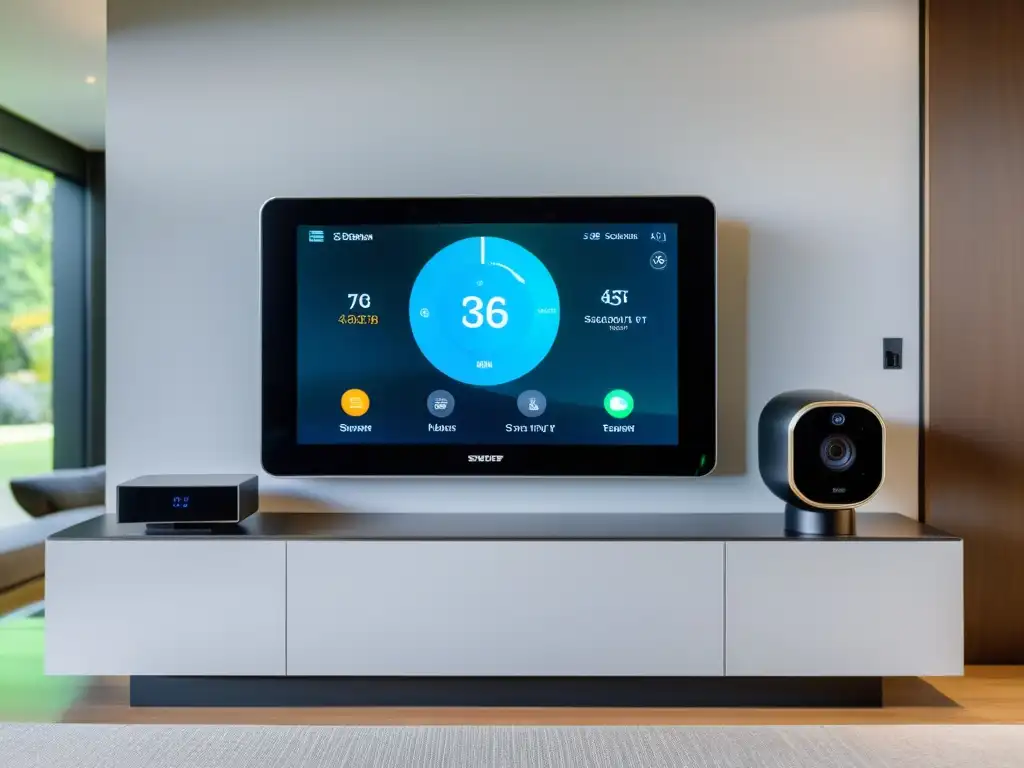 Sistema de seguridad para hogar inteligente con panel de control central y tecnología de vanguardia integrada en un ambiente moderno y elegante