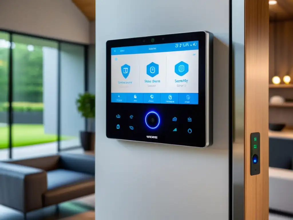 Sistema de seguridad hogar moderno con panel de control táctil y diseño futurista, integrado con cámaras inteligentes y sensores de movimiento