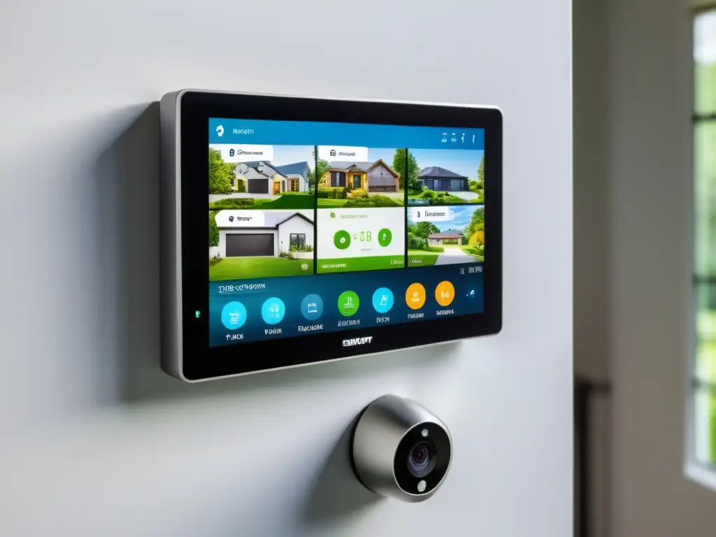 Sistema de seguridad para hogar con panel de control moderno y pantalla táctil, mostrando video en tiempo real