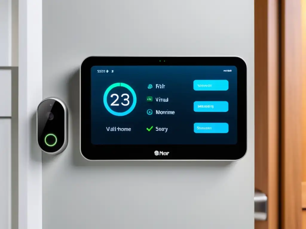 Sistema de seguridad doméstica futurista con asistente virtual Un sistema de seguridad hogareña moderno con asistentes virtuales para seguridad hogar, ofreciendo un elegante panel de control y ambiente futurista