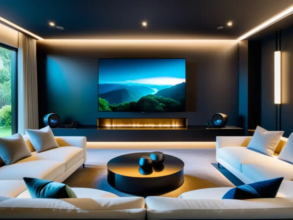 Un sistema de sonido envolvente tecnológico en un ambiente lujoso y acogedor con TV y asientos elegantes