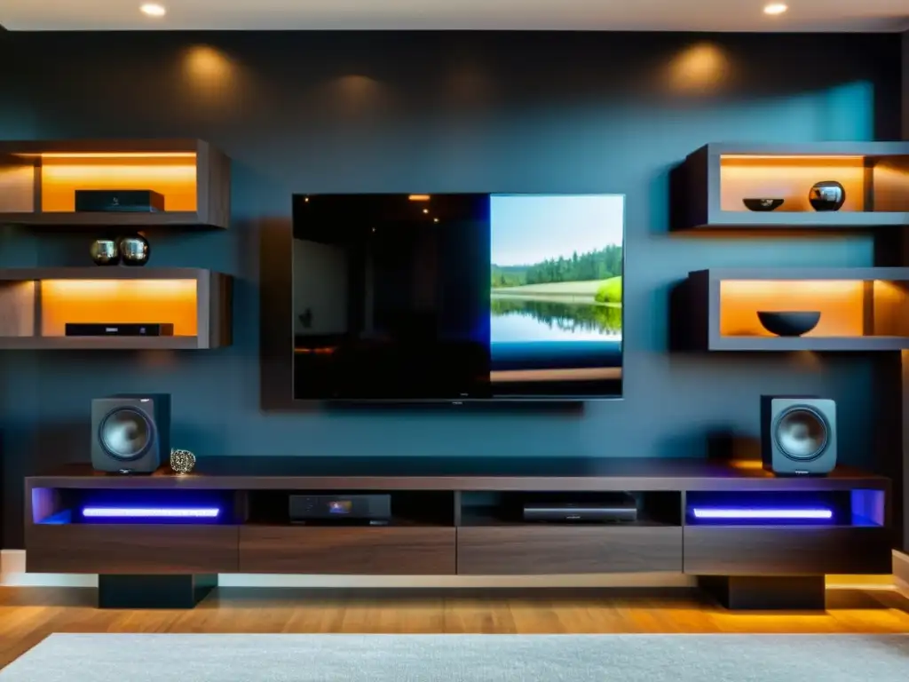 Personaliza sistema sonido TV hogar: Moderno centro de entretenimiento con acabado en madera oscura, líneas minimalistas y luces LED integradas