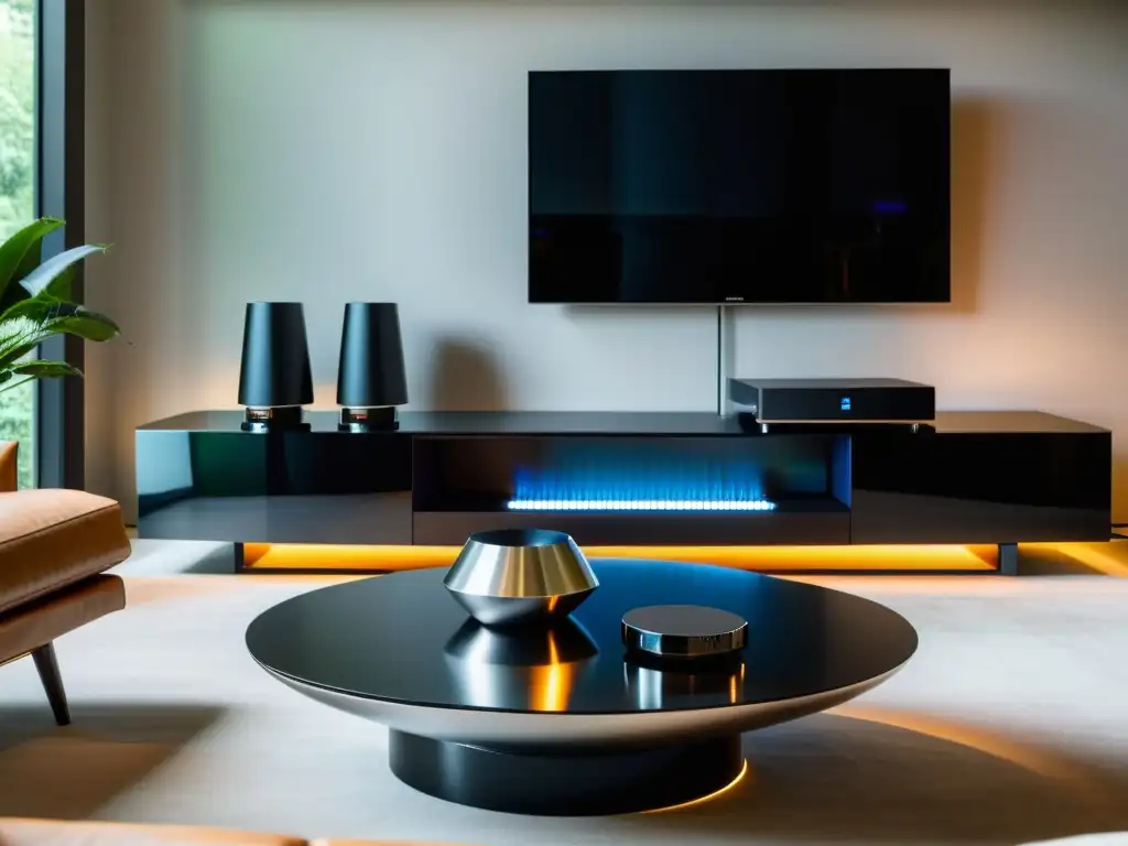 Sistemas de audio de alta fidelidad modernos en lujoso salón contemporáneo con elegante iluminación LED y sofisticado control remoto