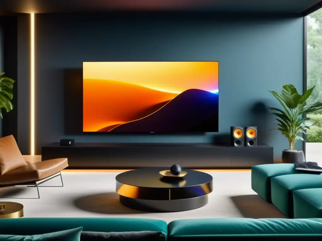 Sistemas de audio y video para sala de estar: Un moderno sistema de entretenimiento en casa con TV OLED 8K, altavoces elegantes y ambiente acogedor