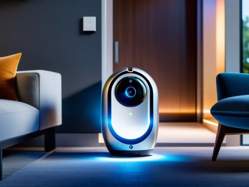 Sistemas autónomos de seguridad para hogar: Robot moderno de seguridad en una casa, con ojos brillantes y diseño futurista