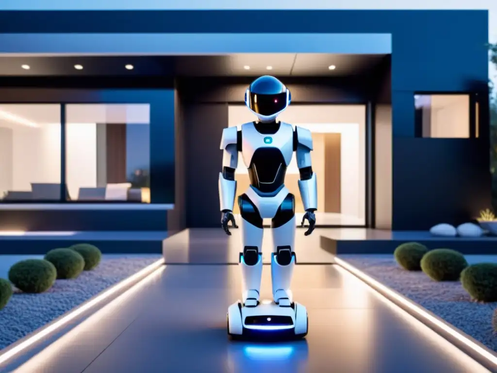 Sistemas autónomos de seguridad para hogar: Robot moderno de seguridad en la entrada de una casa futurista, con iluminación LED inteligente