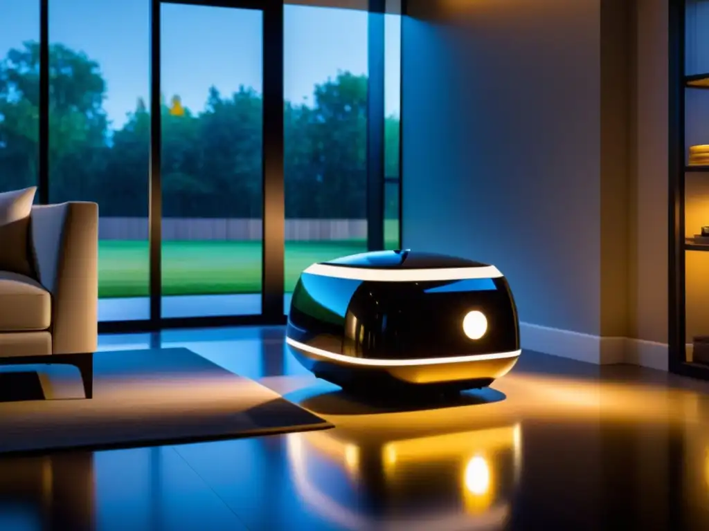 Sistemas autónomos de seguridad para hogar: Robot moderno en una sala iluminada, reflejando tecnología futurista y sofisticación