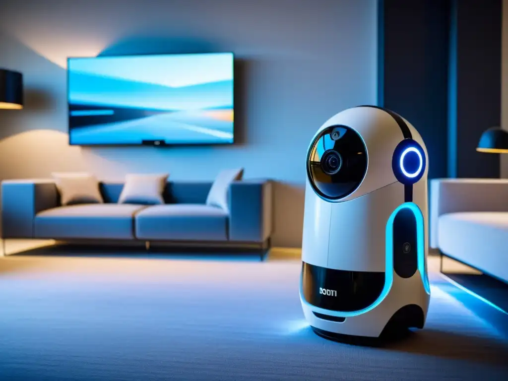 Sistemas autónomos de seguridad para hogar: Robot de seguridad elegante patrullando un salón moderno, transmitiendo protección y confianza