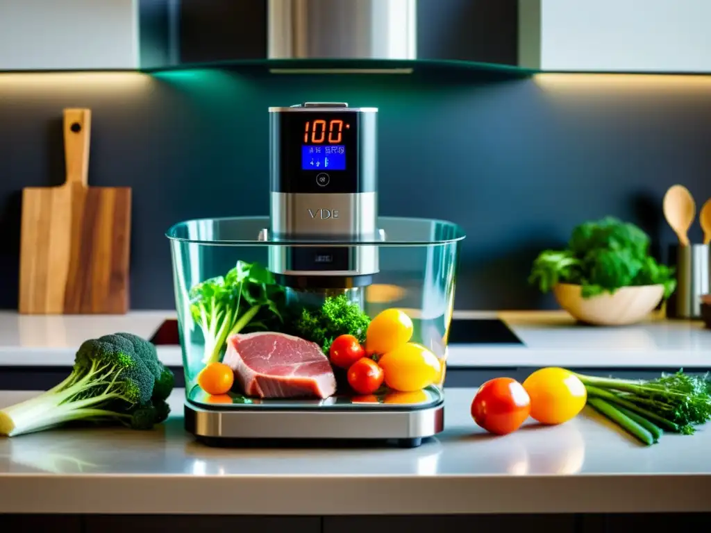 Sistemas de cocción sousvide: Escena moderna de cocina con máquina sous vide, alimentos en baño de agua y elegante iluminación