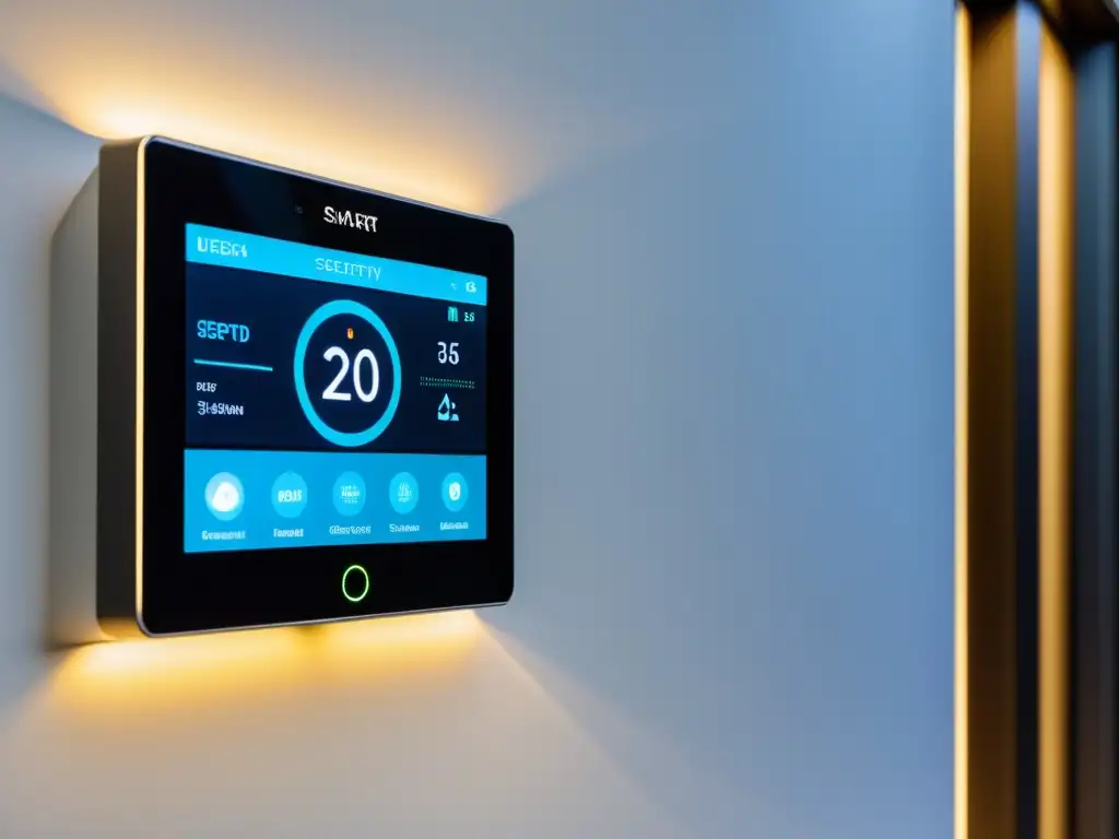 Sistemas de seguridad para hogar inteligente: Panel de control futurista iluminando una moderna casa con tecnología avanzada