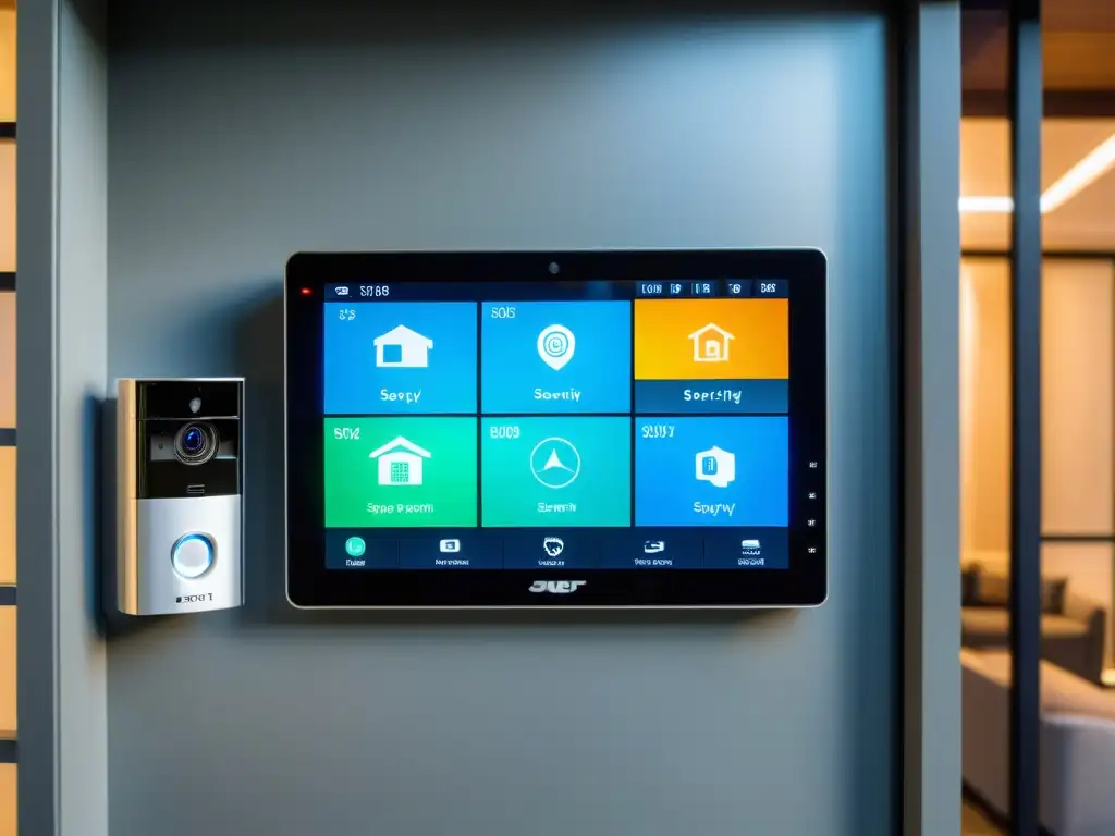 Sistemas de seguridad DIY para hogar: panel de control con pantalla táctil y cámaras de alta tecnología vigilando una casa futurista