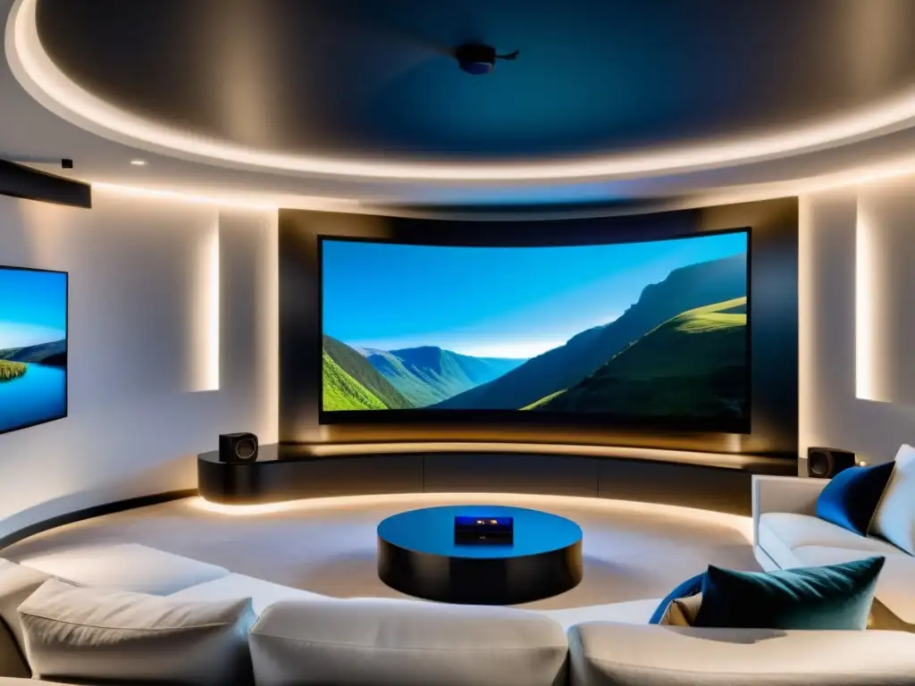 Sistemas de sonido envolvente tecnología hogar: Sala de cine en casa con TV 8K curva, sonido de alta gama y ambiente elegante