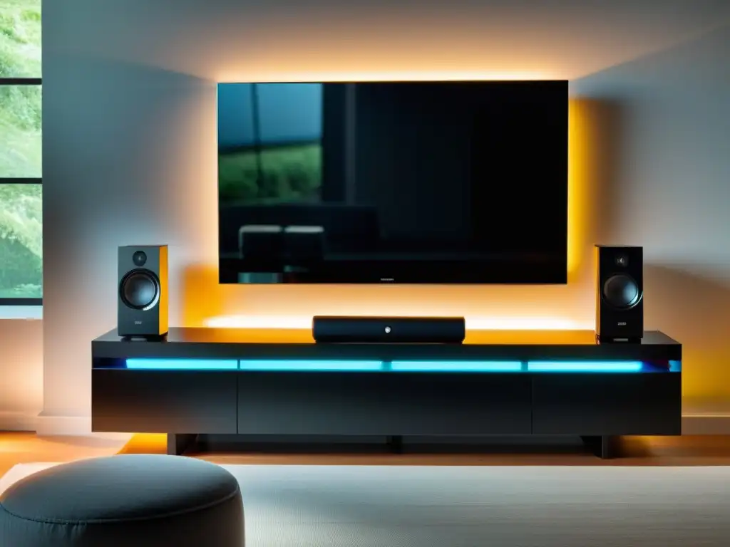 Sistemas de sonido inteligentes para hogar en una sala elegante y moderna con luces LED y ambiente acogedor