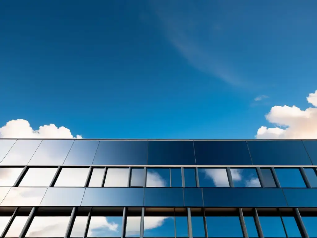 Sistemas de vigilancia en la nube: Edificio moderno con nubes dinámicas y cálida luz del atardecer reflejada en sus ventanas