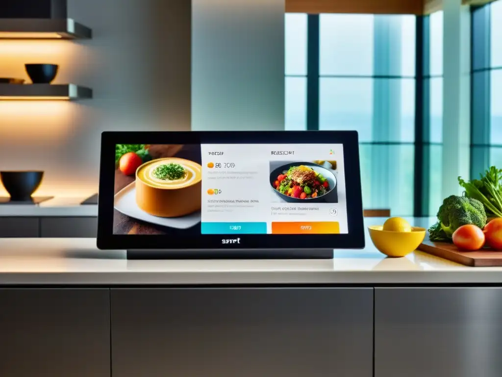 Un smart display moderno muestra una receta gourmet en una cocina contemporánea