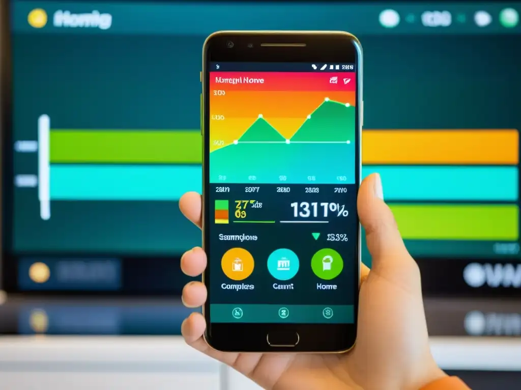 Un smartphone moderno muestra una app colorida de gestión de energía con electrodomésticos optimizados y datos de consumo