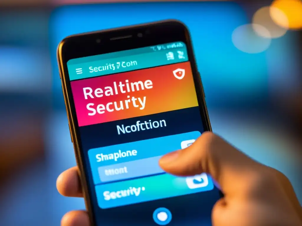 Smartphone muestra notificación de seguridad en tiempo real, con diseño moderno y vibrantes colores