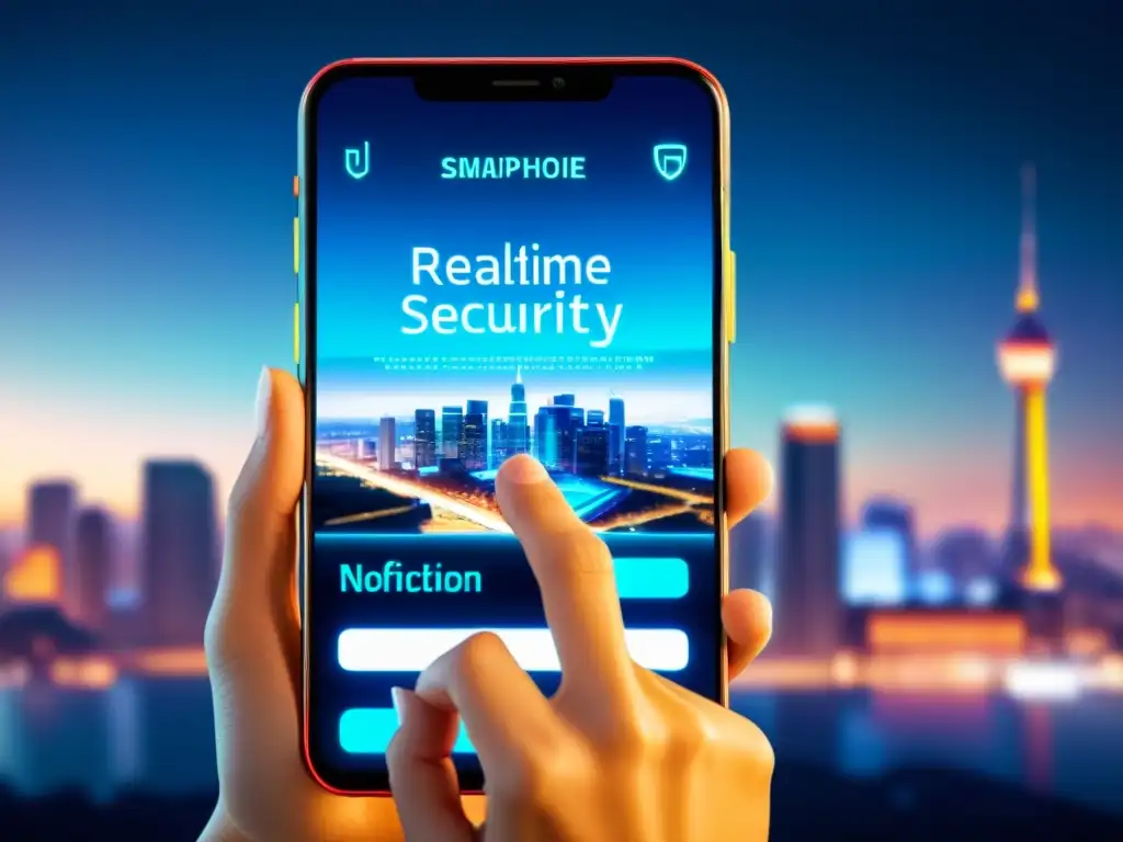 Smartphone muestra notificación de seguridad en tiempo real con interfaz moderna y ciudad futurista de fondo, notificaciones seguridad tiempo real