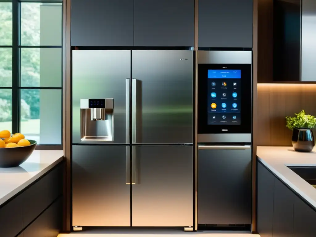 Software para electrodomésticos inteligentes integrados en una cocina moderna y elegante, con líneas limpias y diseño minimalista