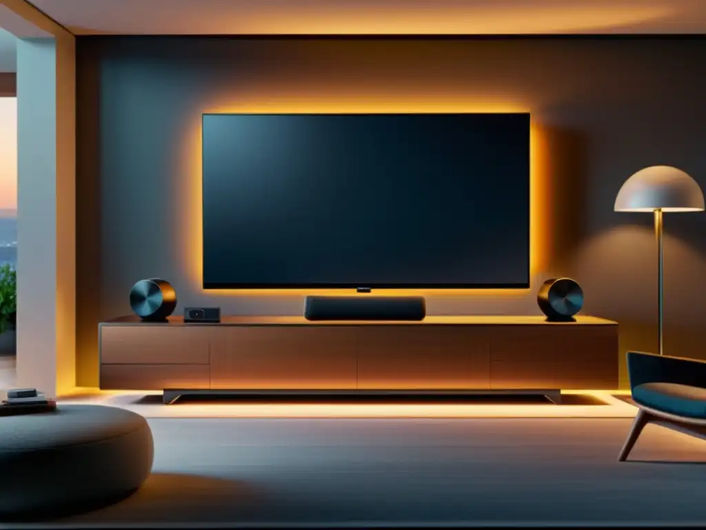 Soluciones tecnológicas para espacios pequeños: Elegante sistema de entretenimiento doméstico con TV 8K montada en la pared, barra de sonido minimalista y dispositivos domésticos inteligentes organizados en un moderno mueble